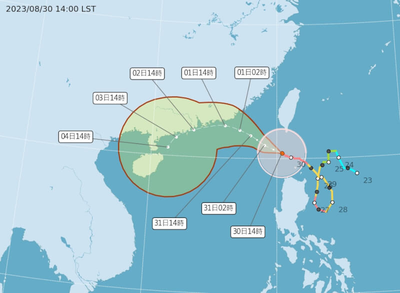 颱風蘇拉持續往西移動，中央氣象局預估暴風圈30日深夜到31日清晨脫離台灣本島。（圖取自中央氣象局網頁cwb.gov.tw）