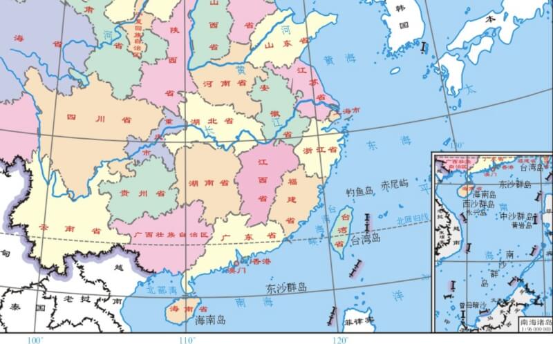 中國新發布的地圖將台灣、南海諸島都納入中國疆域。（圖取自中國自然資源部網頁mnr.gov.cn）