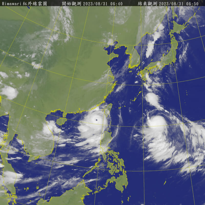 颱風蘇拉持續往西移動，中央氣象局表示，蘇拉暴風圈30日深夜11時30分脫離台灣南端陸地，解除陸上颱風警報。圖為31日上午6時40分衛星雲圖。（圖取自中央氣象局網頁cwb.gov.tw）