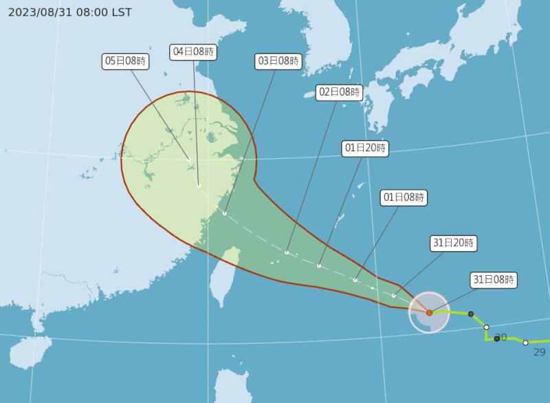 氣象局31日表示，颱風海葵不排除9/1增強為中颱，白天可能發布海警。（圖取自中央氣象局cwb.gov.tw）