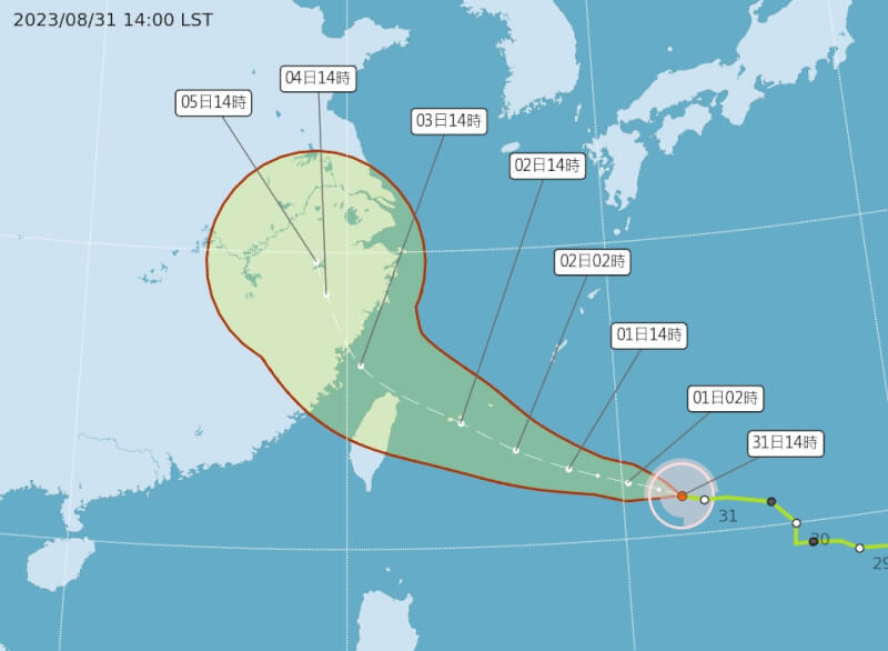 氣象局預估輕颱海葵9月1日上半天增強為中颱，中午前後發布海警，不排除入夜至隔天清晨發布陸警。（圖取自中央氣象局網頁cwb.gov.tw）