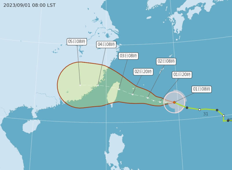 中央氣象局觀測，颱風海葵1日上午8時已增強為中度颱風。圖為1日上午8時路徑潛勢預測圖。（圖取自中央氣象局網頁cwb.gov.tw）