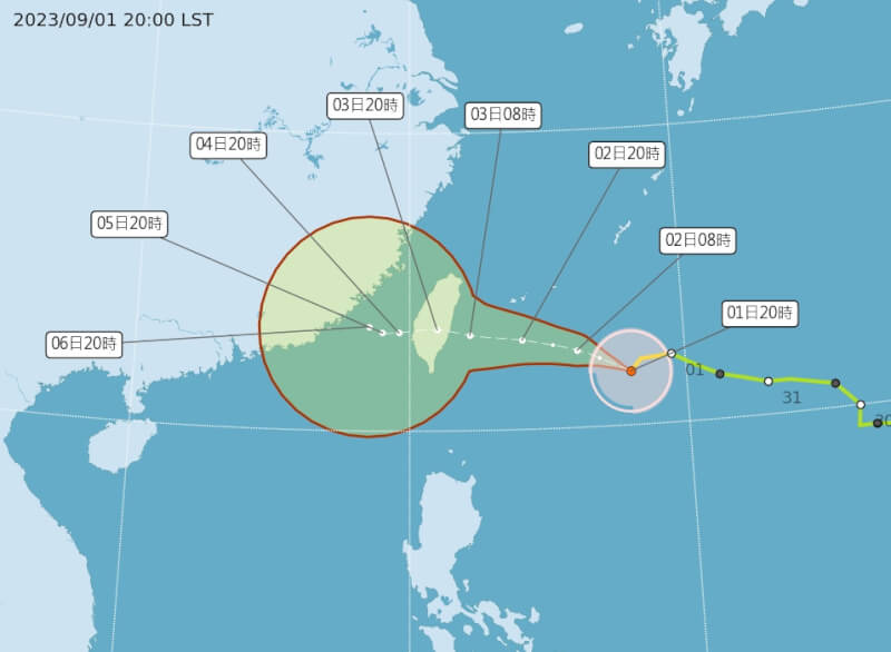 中央氣象局1日晚間發布中度颱風海葵海上颱風警報，預計2日清晨到上午發布陸上警報。（圖取自中央氣象局網頁cwb.gov.tw）