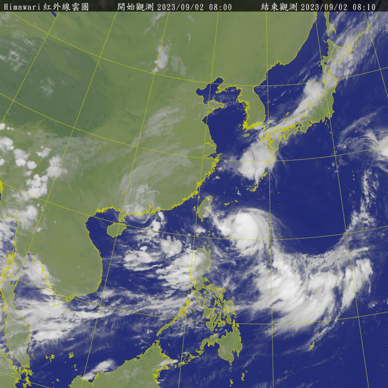 圖為2日上午8時東亞地區衛星雲圖。（圖取自中央氣象局網頁cwb.gov.tw）