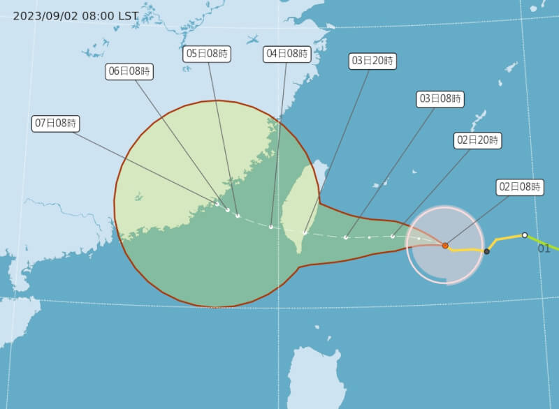 圖為2日上午8時颱風海葵路徑潛勢預測圖。（圖取自中央氣象局網頁cwb.gov.tw）
