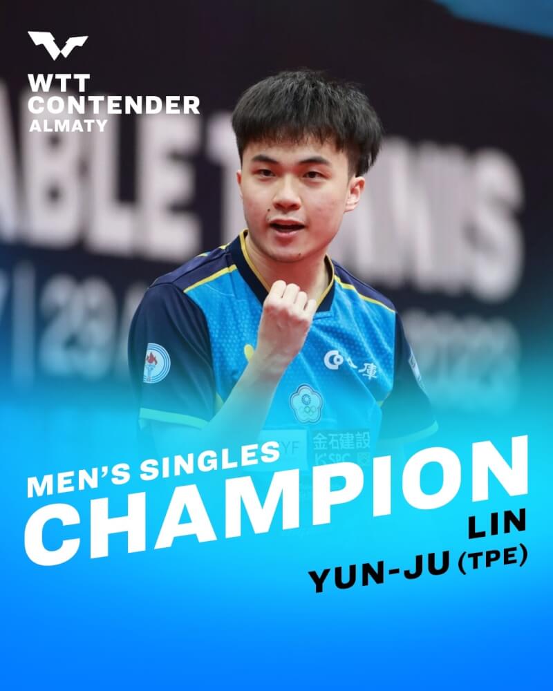 林昀儒（圖）3日在WTT阿拉木圖挑戰賽以4比1的局數逆轉擊敗中國小將向鵬，如願拿到今年首場國際賽單打冠軍。（圖取自facebook.com/WTT）