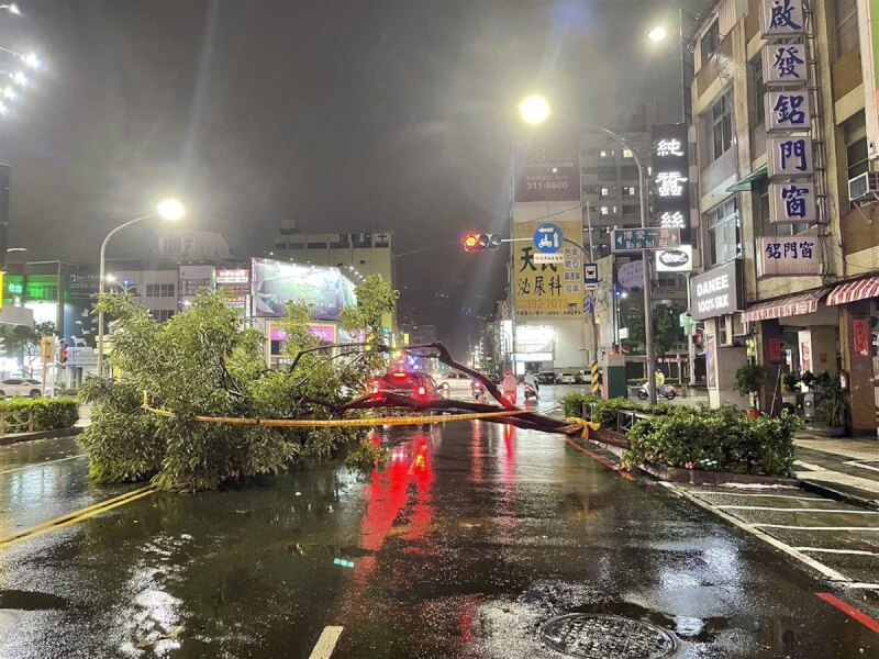 颱風海葵襲台，高雄市3日晚間風雨明顯增強，三民區十全一路有路樹傾倒，現場拉起封鎖線，警方已通報養工處到場處理。（警方提供）中央社記者林巧璉傳真 112年9月3日