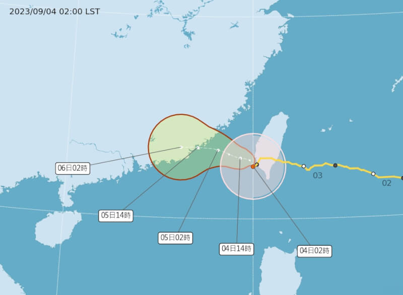 颱風海葵減弱為輕度颱風，預估4日深夜本島才會完全脫離海葵暴風圈範圍。（圖取自中央氣象局網頁cwb.gov.tw）