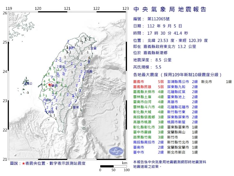 嘉義縣新港鄉5日下午5時30分發生芮氏規模5.5地震。（圖取自中央氣象局網頁cwb.gov.tw）