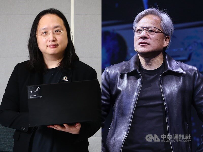 時代雜誌7日公布「AI領域百大影響力人物」名單，數位部長唐鳳（左）、輝達執行長黃仁勳（右）皆在列。（中央社檔案照片）