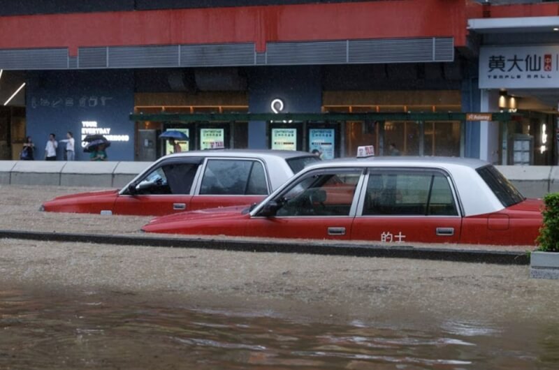 香港遭遇世紀大暴雨，8日有計程車泡在水中。（路透社）