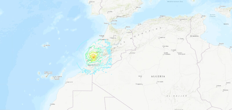 摩洛哥馬拉喀什市西南方8日晚間發生規模6.8強震。（圖取自美國地質調查所earthquake.usgs.gov）