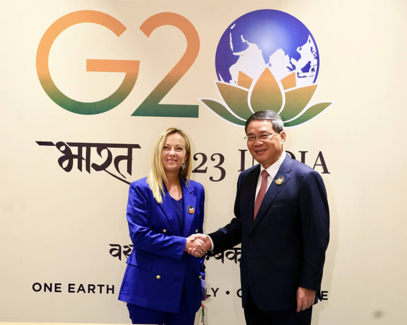 義大利總理梅洛尼9日在G20峰會上與中國國務院總理李強會面。（圖取自twitter.com/Palazzo_Chigi）