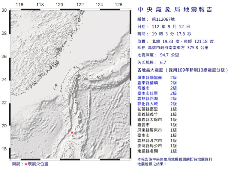 氣象局最新資訊，南部海域12日晚間7時3分發生芮氏規模6.7地震，震央位在高雄市政府南南東方375.8公里。（圖取自中央氣象局網頁cwb.gov.tw）