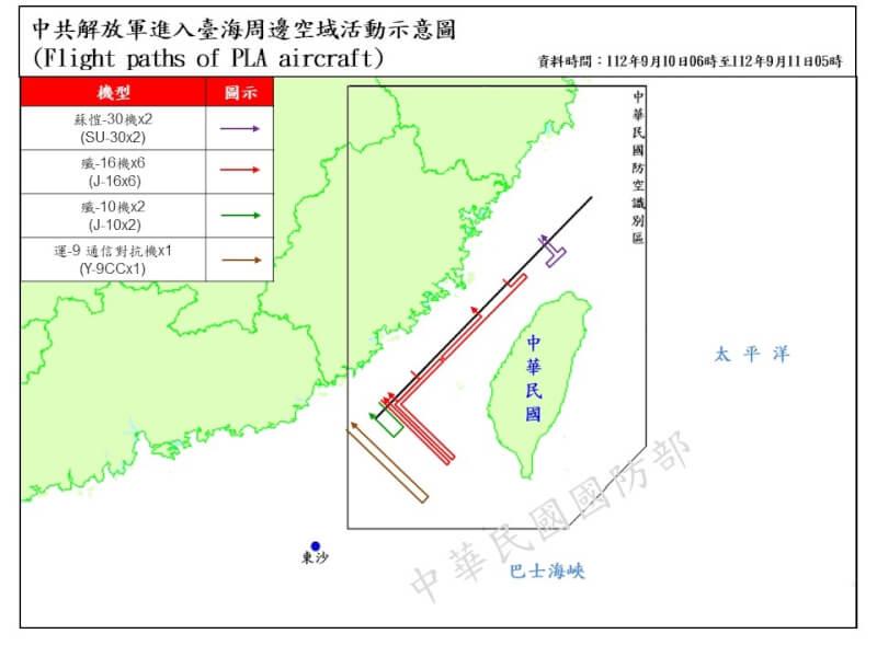 共機擾台再出現新態樣，除逾越中線，更在東側「限航區」長距離飛行。（圖取自國防部網頁mnd.gov.tw）