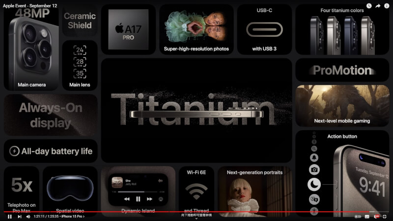 蘋果公司12日發表iPhone 15系列新款手機，其中Pro系列支援空間影像拍攝功能，能與頭戴裝置Vision Pro結合。（圖取自蘋果YouTube網頁youtube.com）