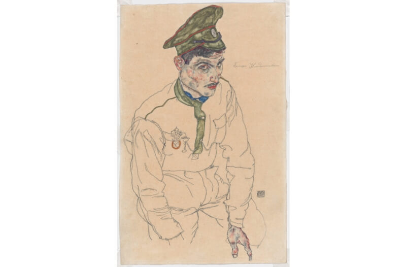 水彩與鉛筆畫「俄羅斯戰犯」（Russian War Prisoner）為奧地利表現主義畫家席勒的作品之一。（圖取自芝加哥藝術博物館網頁artic.edu）