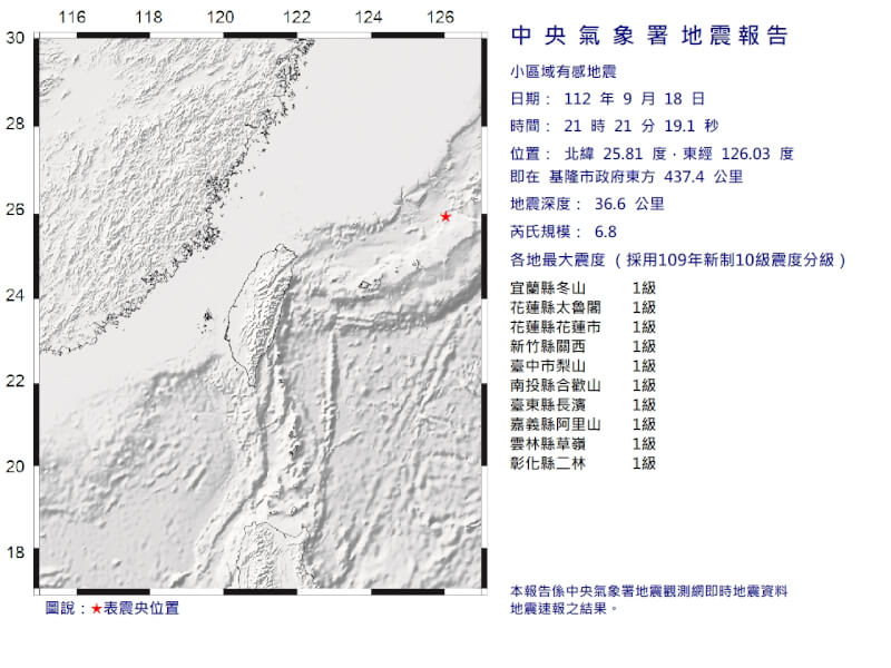 18日晚間9時21分東北海域發生芮氏規模6.8地震。（圖取自中央氣象局網頁cwb.gov.tw）