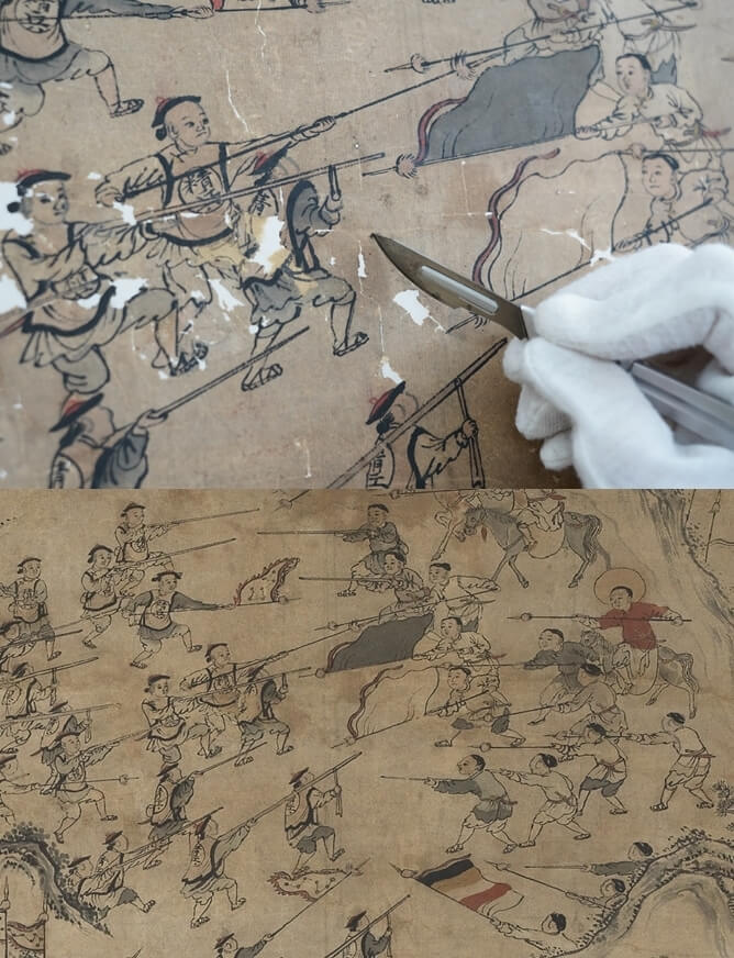 上圖為修復前的「陷敵圖」火槍交鋒,下圖為修復後的「陷敵圖」火槍交鋒。(圖取自台南市政府文化局網頁culture.tainan.gov.tw)