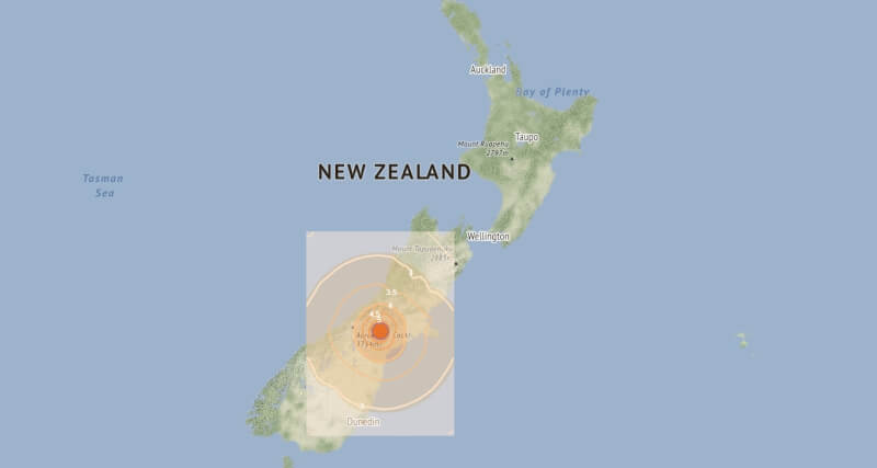 紐西蘭南島20日早上遭到規模6.2強烈地震襲擊。（圖取自Geonet網頁geonet.org.nz）