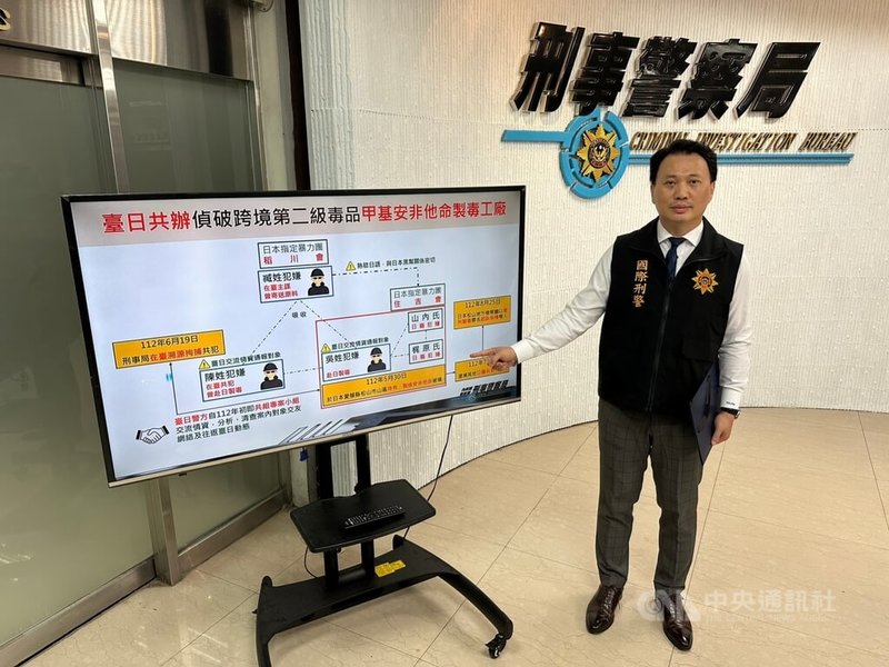 刑事局21日宣布破獲以台日混血的臧男為首的販毒集團,國際刑警科偵一隊長楊國松(圖)說明該集團犯案流程,指出日本黑幫分子自民國111年底起,招台籍製毒師赴日製毒,影響台日治安。中央社記者劉建邦攝 112年9月21日