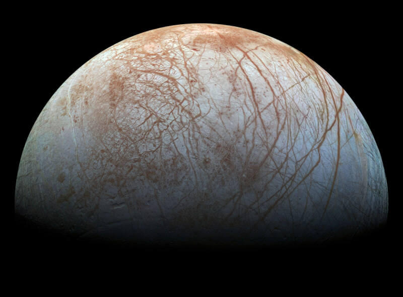 木星天然衛星之一木衛二的表面示意圖。（圖取自NASA網頁europa.nasa.gov）