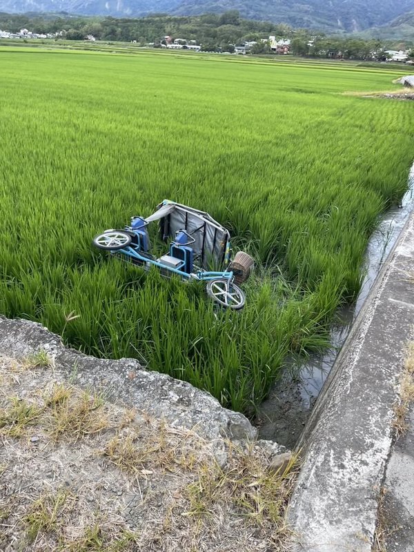 台東池上知名景點伯朗大道因電動車所引發的事故不少，大部分都是遊客操作不當所引起；電動車摔進田間，使農作物受損，也為當地農民帶來困擾。（民眾提供）中央社記者李先鳳傳真  112年9月25日