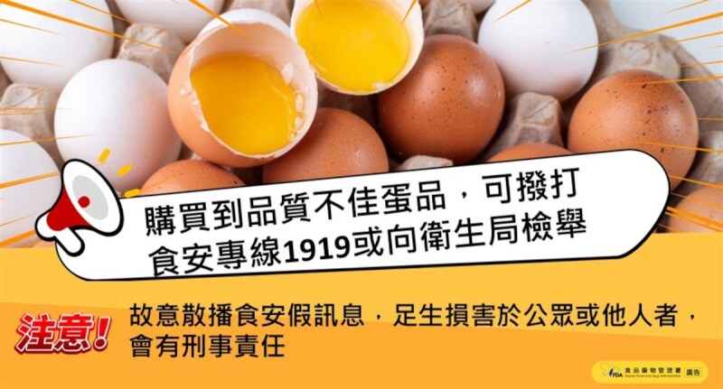 衛福部食品藥物管理署27日提醒,民眾倘若購買到品質不佳蛋品,可撥打食安專線1919或向衛生局檢舉;故意散播食安假訊息,造成損害公眾或他人者,將面臨刑責。(食藥署提供)中央社記者沈佩瑤傳真 112年9月27日
