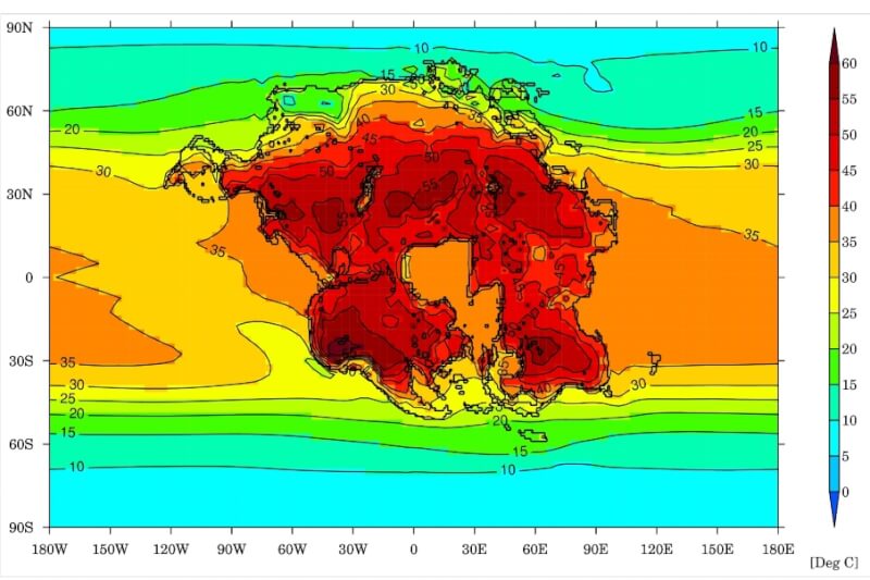 研究人員預測2.5億年後地球將形成「超級大陸」，極度炎熱的天氣，將使人類和哺乳類難以居住。（圖取自英國布里斯托大學網頁bristol.ac.uk）