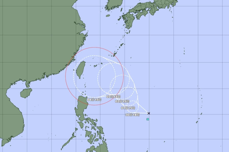 日本氣象廳觀測，目前位於菲律賓東方海面上的熱帶低氣壓，有可能在未來24小時內增強為今年第14號颱風「小犬」。（圖取自日本氣象廳網頁www.jma.go.jp）
