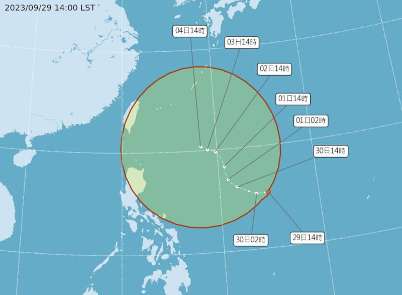 中央氣象署表示，熱帶性低氣壓預計24小時內會生成為今年第14號颱風小犬。（圖取自中央氣象署網頁cwa.gov.tw）