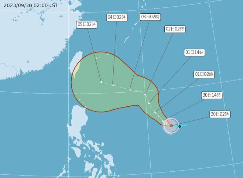 輕度颱風「小犬」30日生成，依照目前路徑發布陸警機率高。（圖取自氣象署網頁cwa.gov.tw）