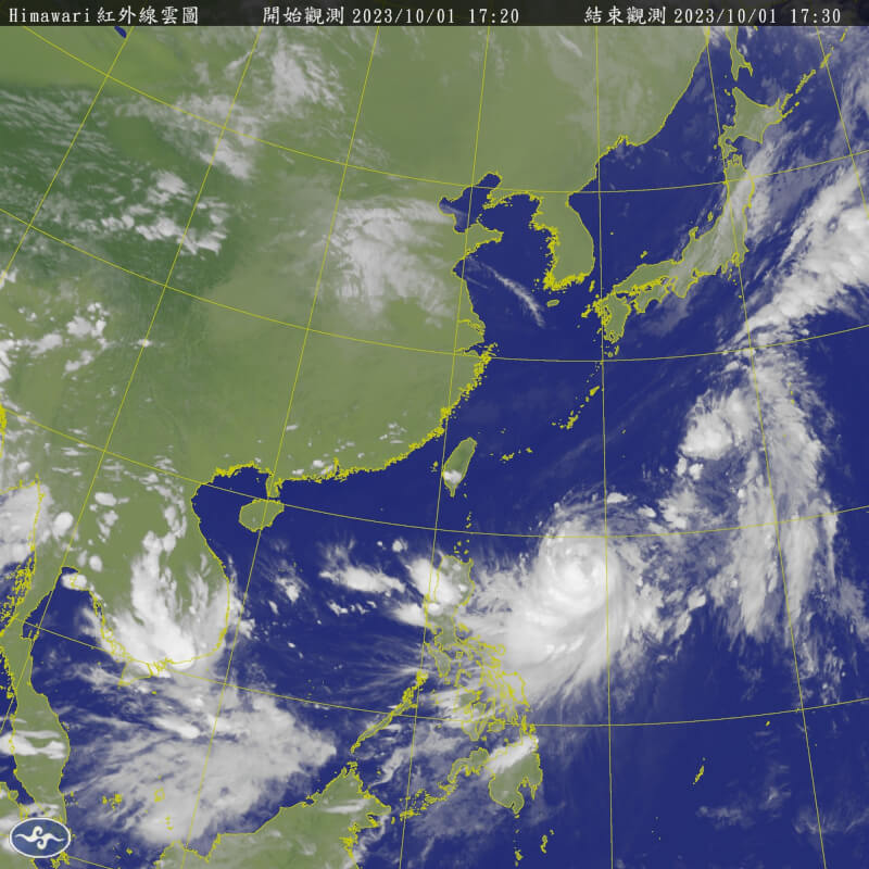 圖為1日下午5時20分衛星雲圖。(圖取自中央氣象署網頁cwa.gov.tw)