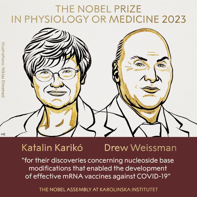 2023年諾貝爾醫學獎揭曉，由匈牙利裔美籍生技科學家卡里科及美國醫學家魏斯曼共享殊榮。（圖取自twitter.com/NobelPrize）