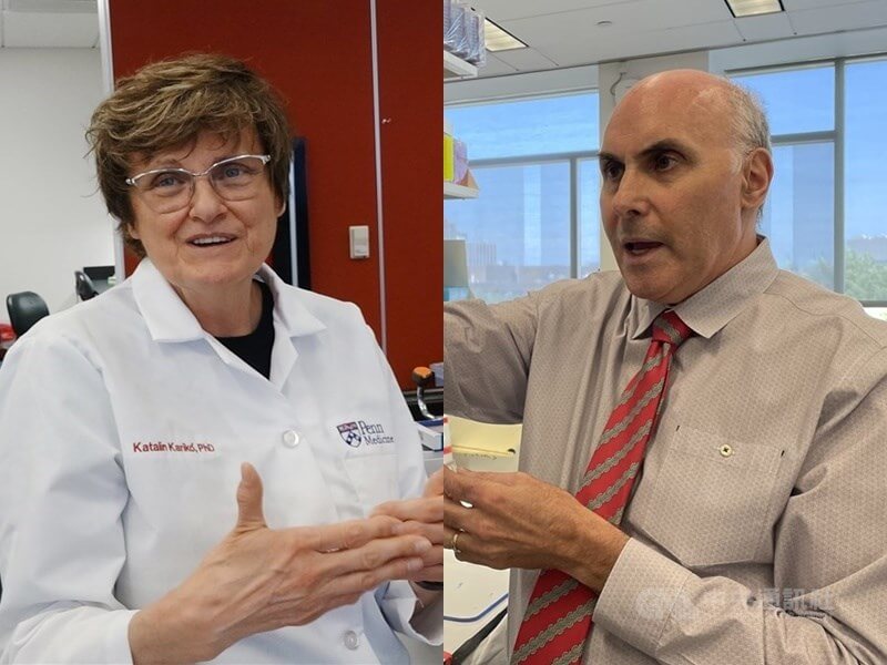 匈牙利裔美籍生技科學家卡里科（左）及美國醫學家魏斯曼（右）因在mRNA疫苗研發方面的貢獻而獲得2023年諾貝爾醫學獎。（中央社檔案照片）