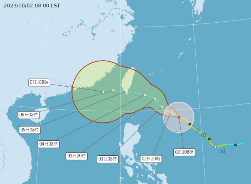 氣象署2日表示，最快深夜有機會發布颱風小犬海警，3日下午至傍晚可能發布陸警。（圖取自中央氣象局網頁cwa.gov.tw）