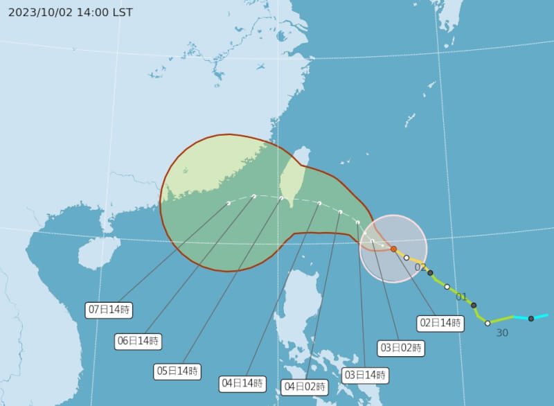 圖為颱風小犬路徑潛勢預測圖。（圖取自中央氣象署網頁cwa.gov.tw）