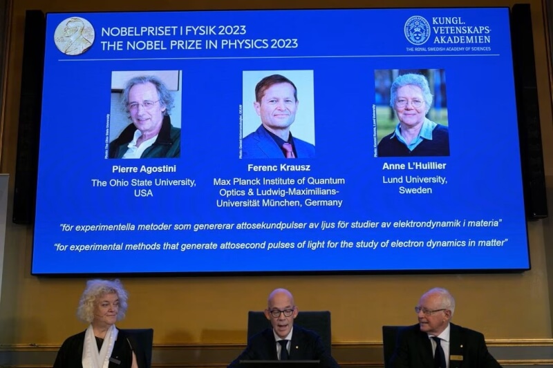 2023年諾貝爾物理學獎得主揭曉，由法國學者亞谷斯蒂尼、匈牙利-奧地利學者克勞斯、法國-瑞典學者呂利耶共享殊榮。（路透社）