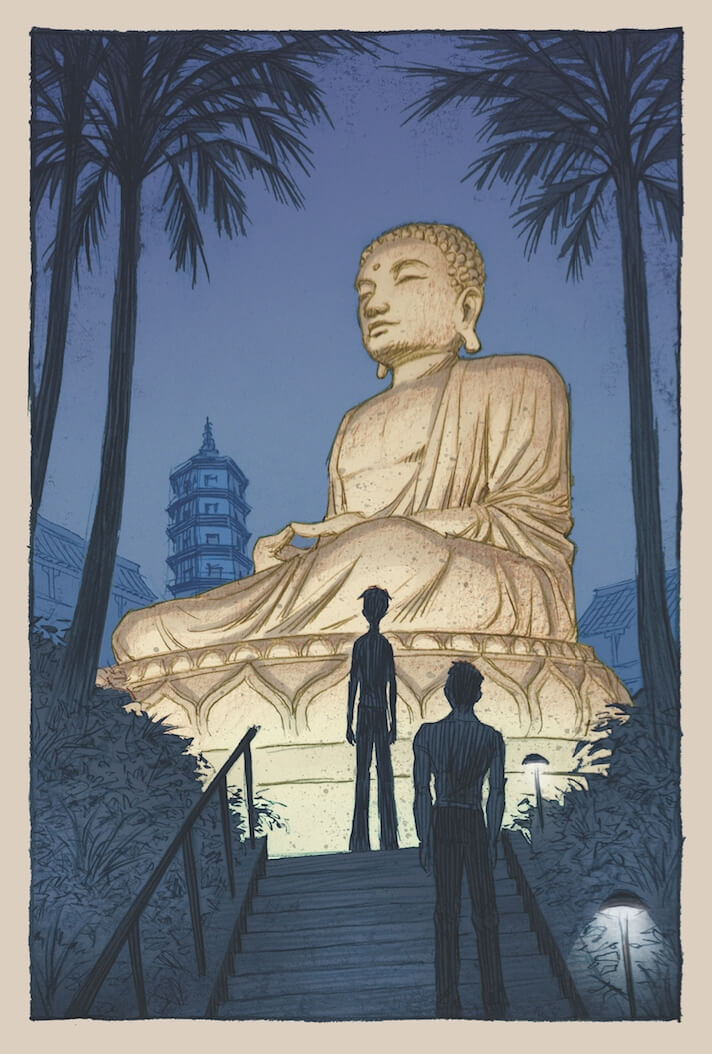 柯睿祺的圖像小說「Lost in Taiwan」刻畫八卦山大佛的巍峨。(柯睿祺提供) 中央社記者鄧佩儒傳真 112年10月3日