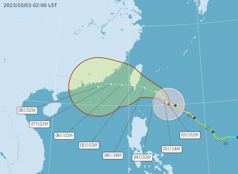 氣象署預估，颱風小犬最快3日下午至傍晚發布陸上警報。（圖取自中央氣象署網頁cwa.gov.tw）