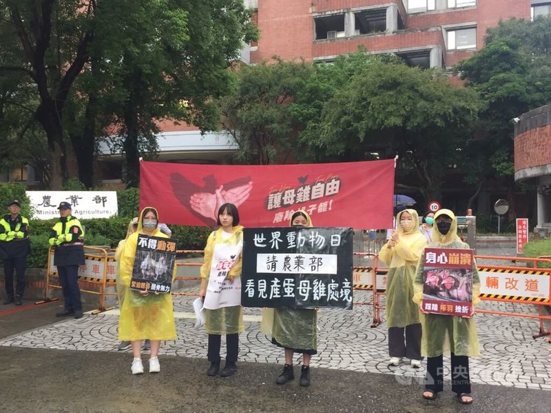 10月4日是世界動物日，台灣動物社會研究會上午到農業部前舉辦快閃行動，呼籲制定具體政策讓格子籠飼養系統退場，兼顧動物福利與食安。中央社記者楊淑閔攝  112年10月4日