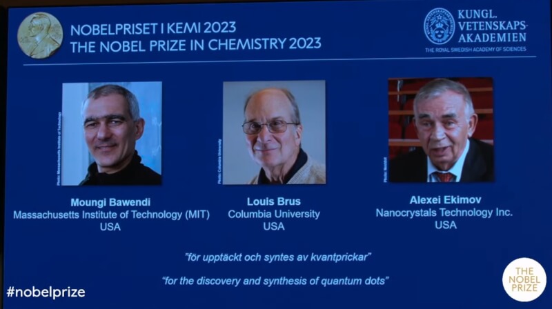 2023年化學獎4日揭曉，得主為巴汶帝、布魯斯、艾吉莫夫。（圖取自Nobel Prize YouTube頻道網頁youtube.com）