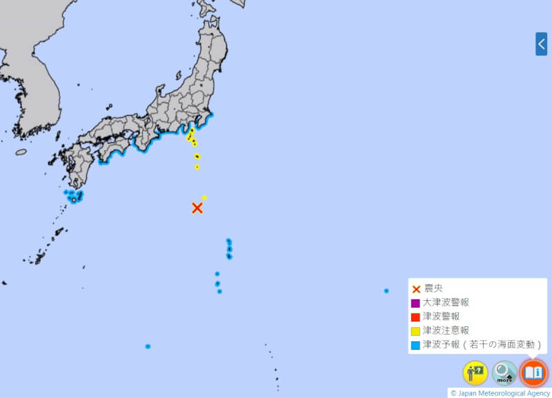 日本5日上午11時許發生規模6.6地震，氣象廳針對伊豆群島發布「海嘯注意報」。（圖取自日本氣象廳網頁jma.go.jp）
