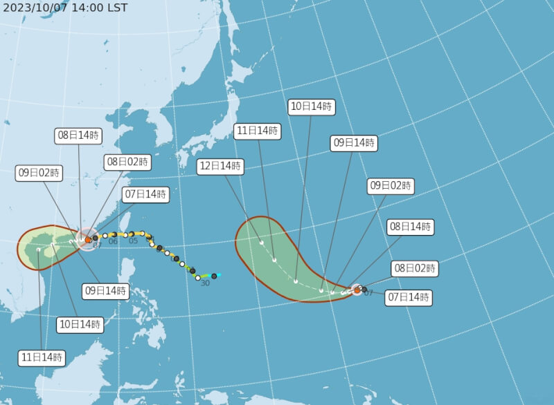 颱風布拉萬（右）7日生成。左為颱風小犬。（圖取自氣象署網頁cwa.gov.tw）