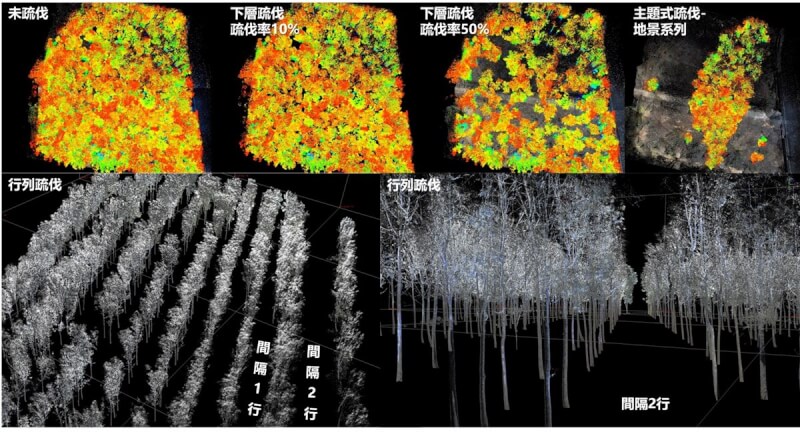 林試所9日表示，已在苗栗、雲林、屏東、花蓮等地，運用數位掃描森林，生成可視化3D座標的點雲影像資訊，人工林造林地經過掃描，可以充分進行許多經營模式的討論，例如推動疏伐方案的選定方式與伐後模擬圖。（林試所提供）中央社記者楊淑閔傳真 112年10月9日