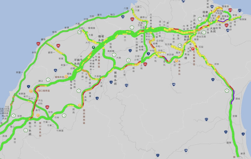 國道午後陸續出現北返車潮，多處路段車速都在40公里以下。（圖取自1968即時路況網頁1968.freeway.gov.tw）