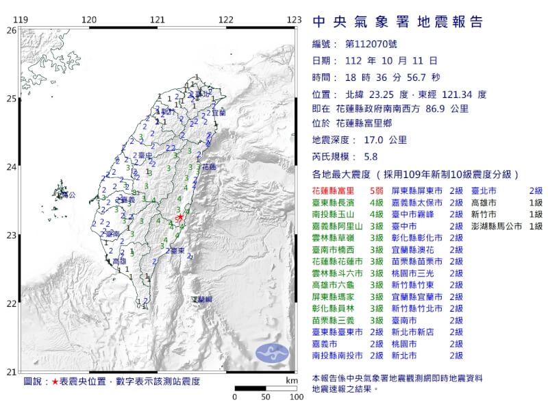 花蓮縣富里鄉11日晚間6時36分發生芮氏規模5.8地震。（圖取自中央氣象署網頁cwa.gov.tw）