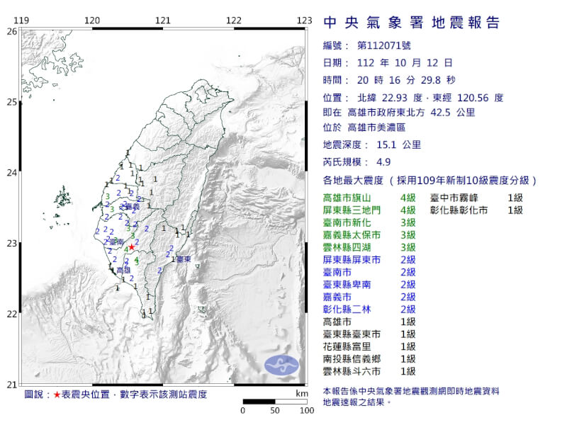 高雄市美濃區12日晚間8時16分發生芮氏規模4.9地震。（圖取自中央氣象署網頁cwa.gov.tw）