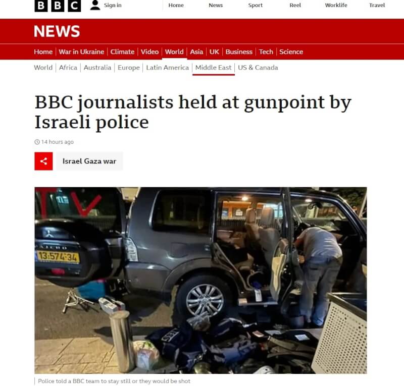 英國廣播公司表示，旗下記者前往採訪，在特拉維夫被警方攔查攻擊。（圖取自BBC網頁bbc.com）