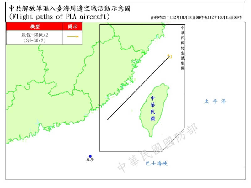 空軍15日公布共機動態示意圖，2架次蘇愷30戰機逾越海峽中線進入台灣北部空域。（圖取自國防部網頁mnd.gov.tw）